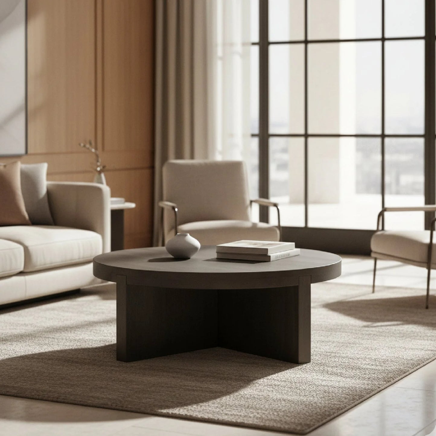 Luxury Oak Cross-Base Round Coffee Table Modern Italian Style for Villa