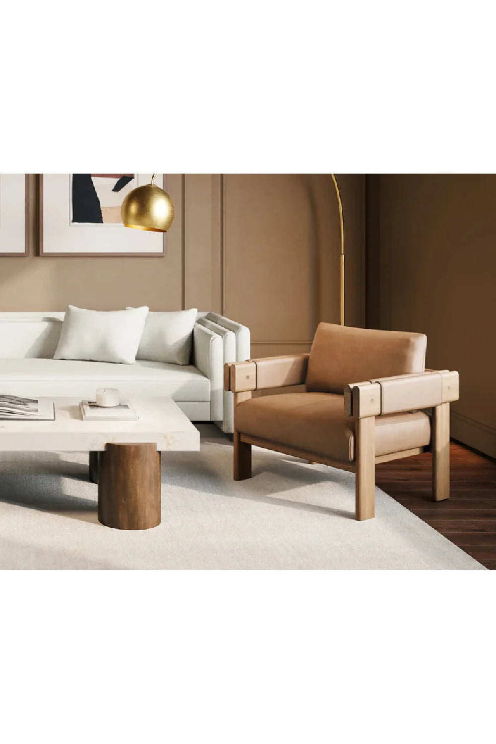 Luxury Oak Framed Leather Lounge Chair Modern Italian Style for Villa