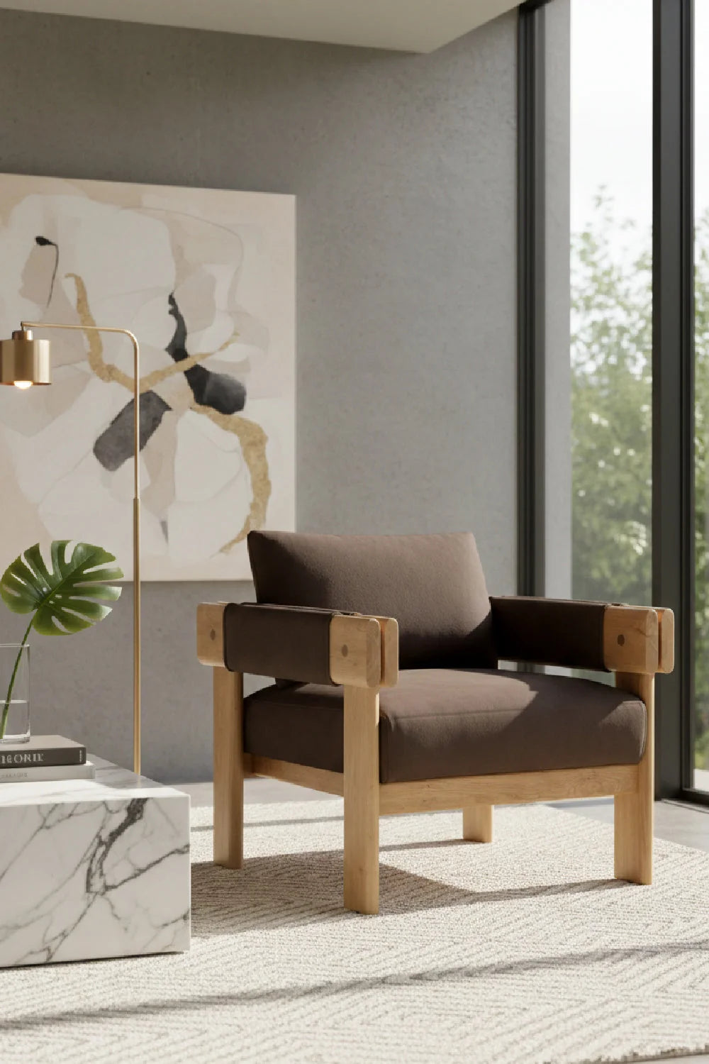 Luxury Oak Framed Leather Lounge Chair Modern Italian Style for Villa