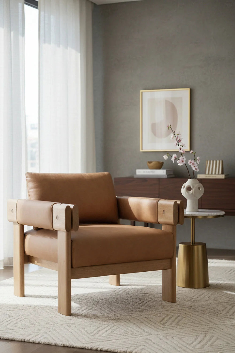 Luxury Oak Framed Leather Lounge Chair Modern Italian Style for Villa