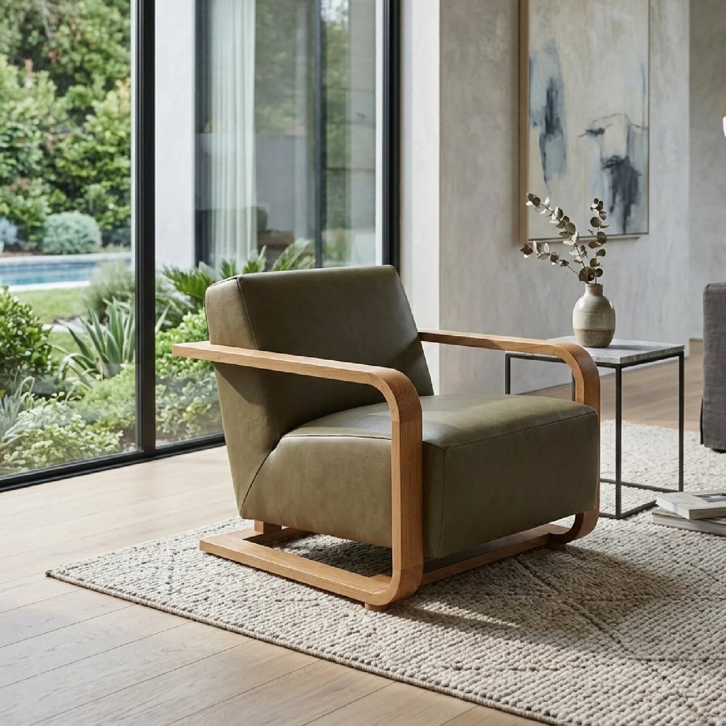 Luxury Oak Framed Lounge Chair Modern Italian Style for Villa