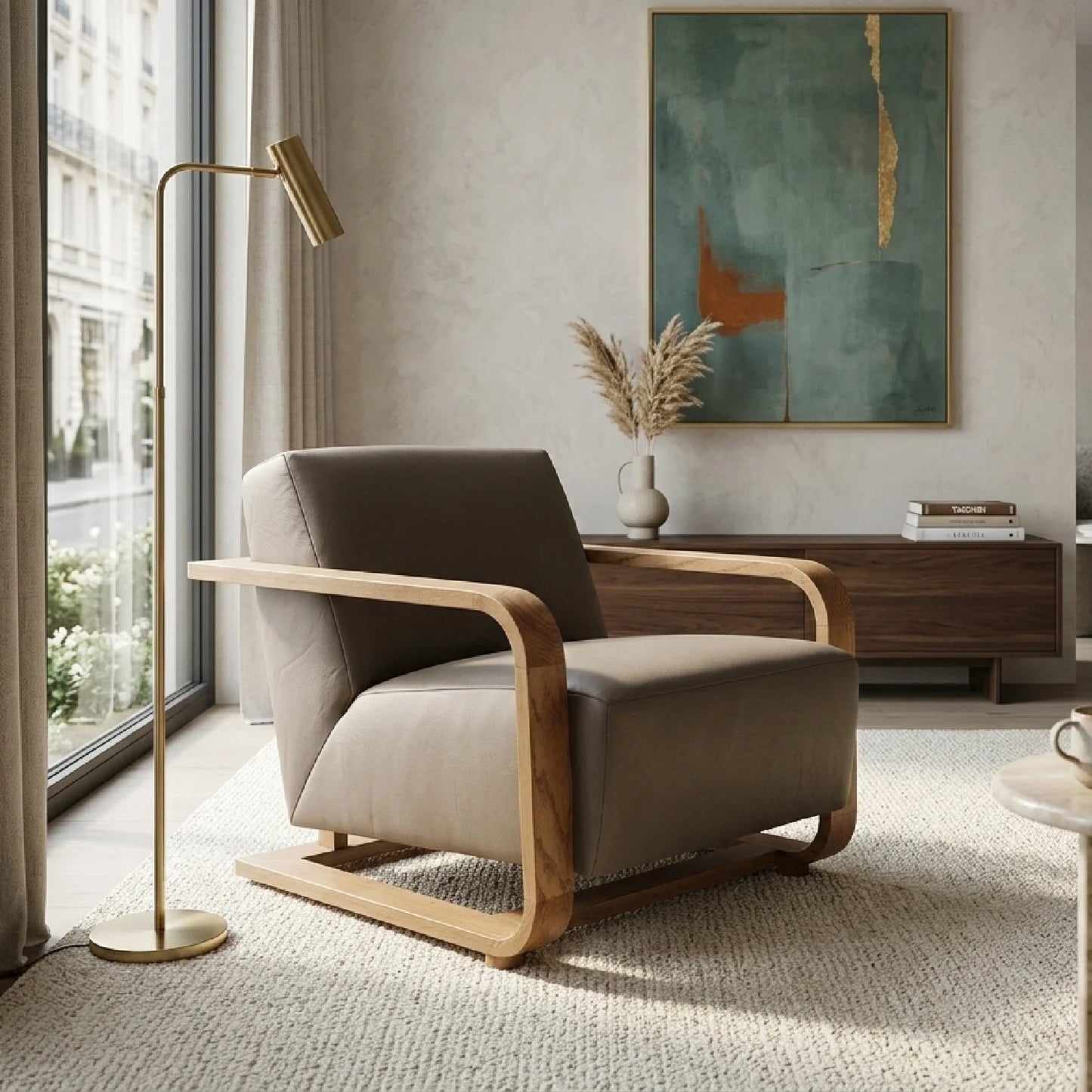 Luxury Oak Framed Lounge Chair Modern Italian Style for Villa