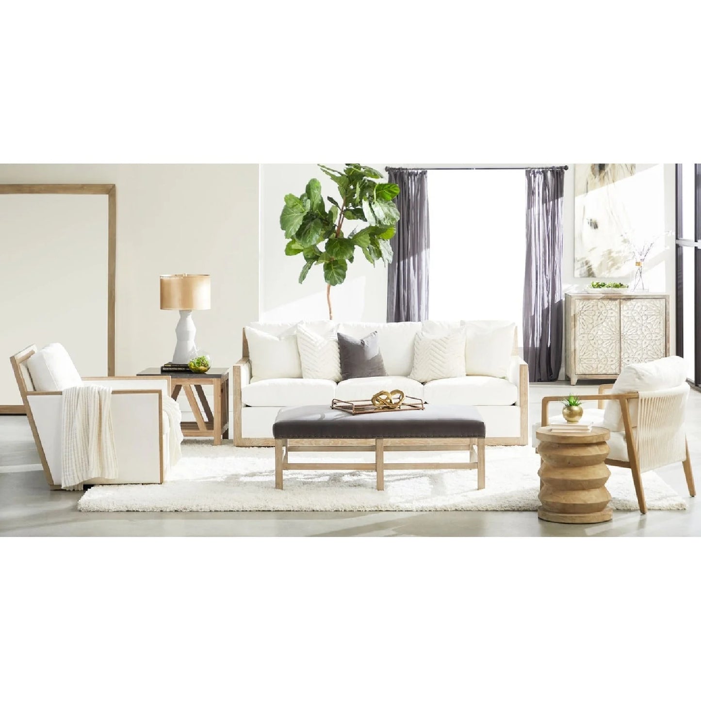 Luxury Oak Framed White Fabric Club Chair European Style for Villa