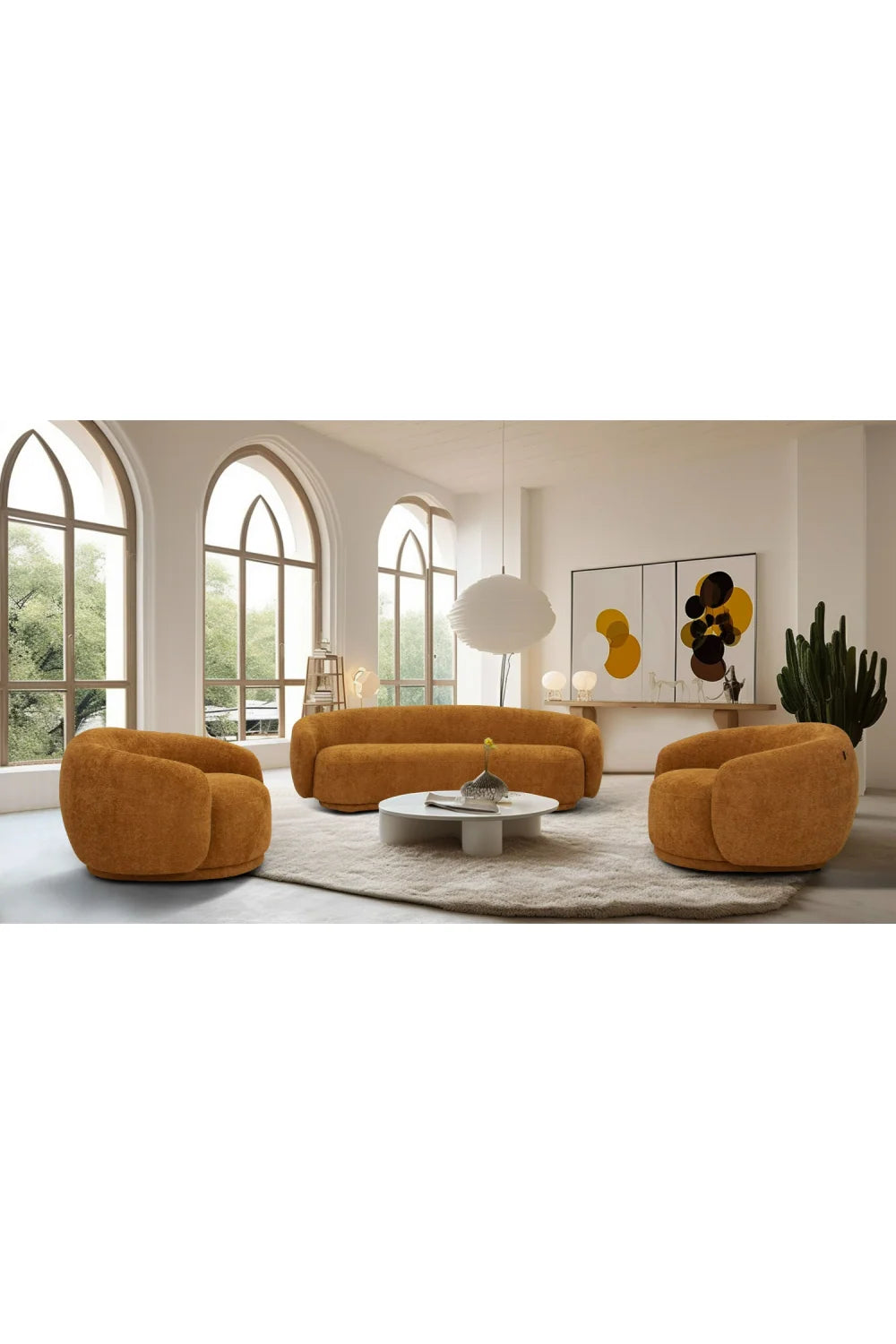 Luxury Orange Fabric 3-Seater Sofa Modern Italian Style for Villa
