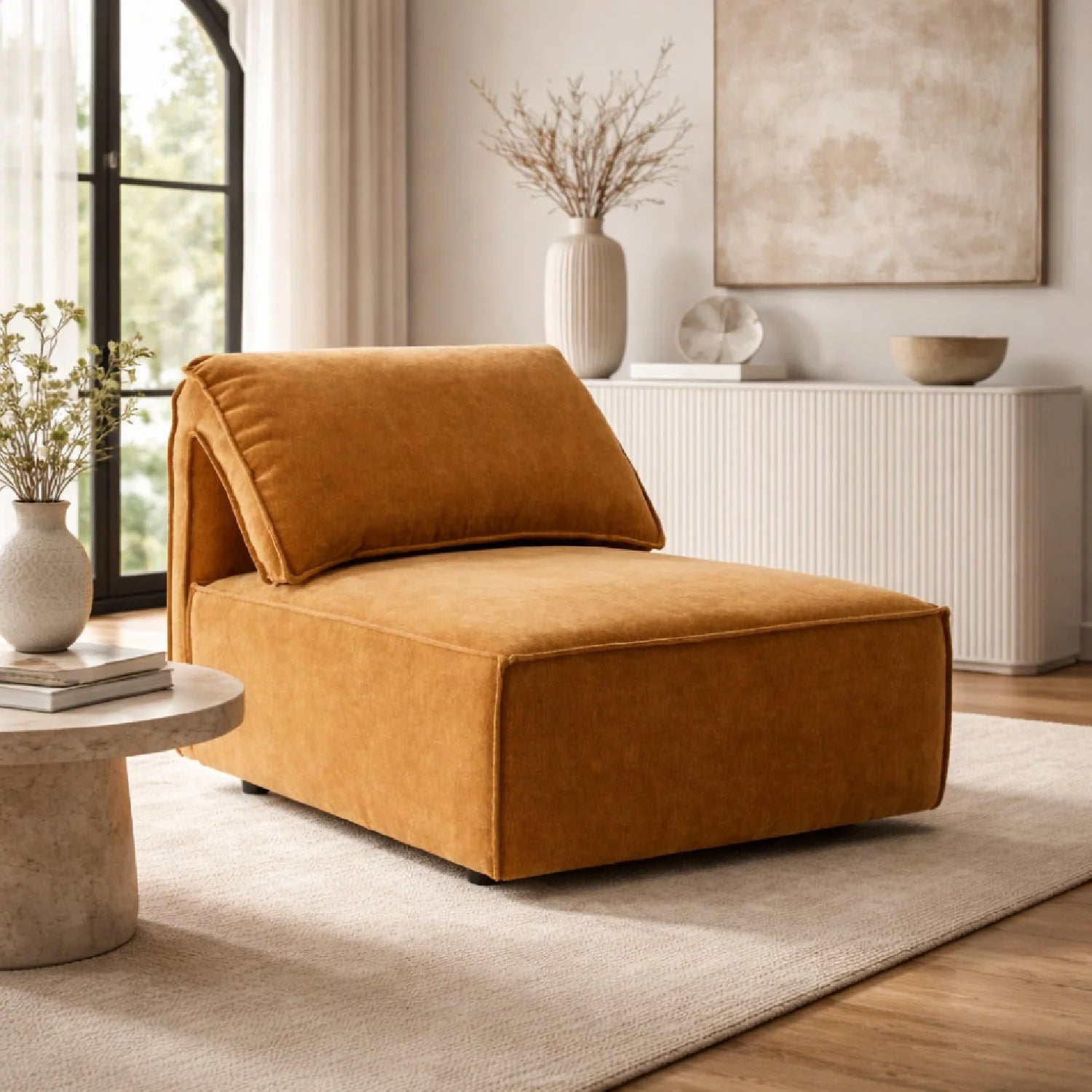 Luxury Orange Fabric Armless Sectional Sofa Modern Italian Style for Villa