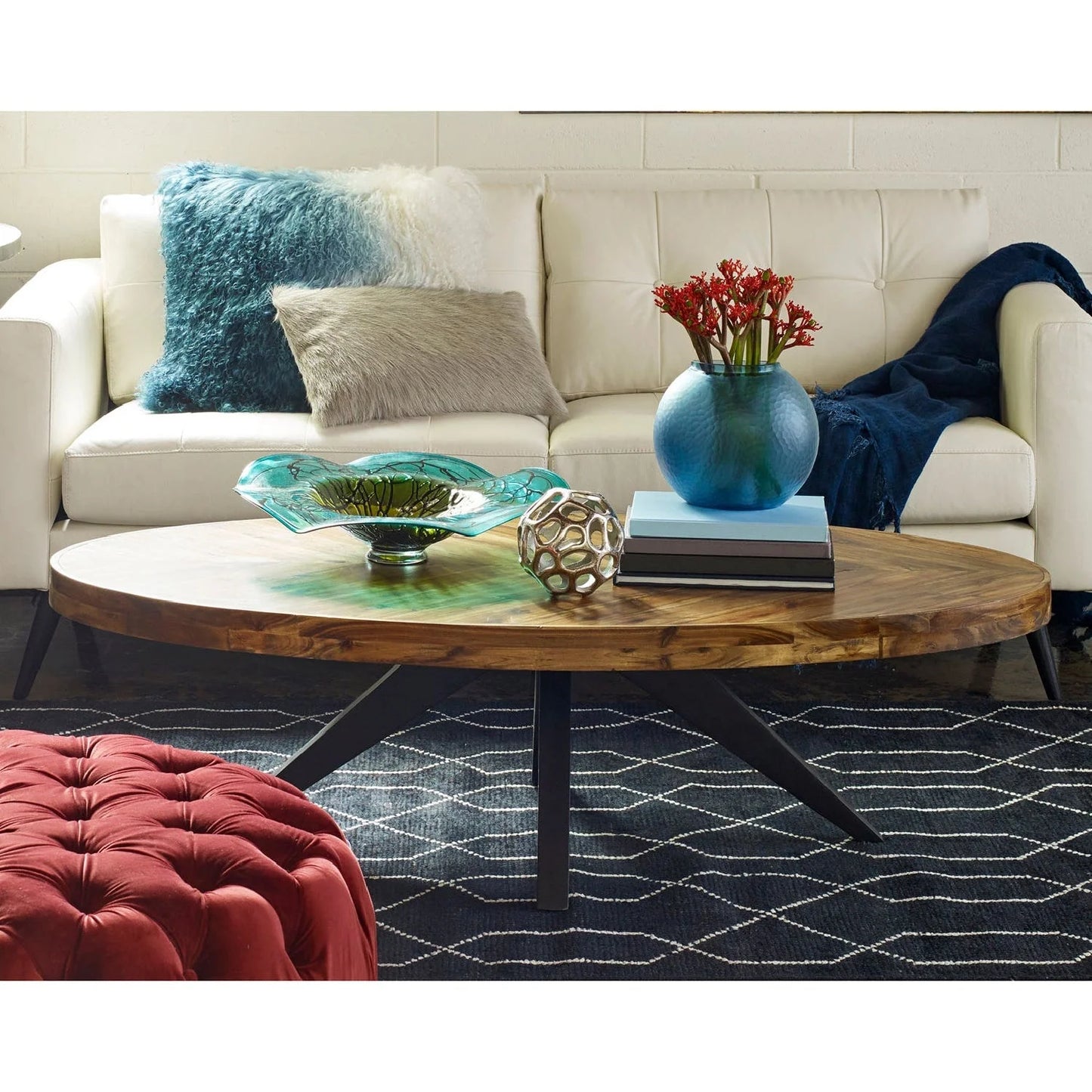 Luxury Oval Acacia Parquet Coffee Table Modern Italian Style for Villa