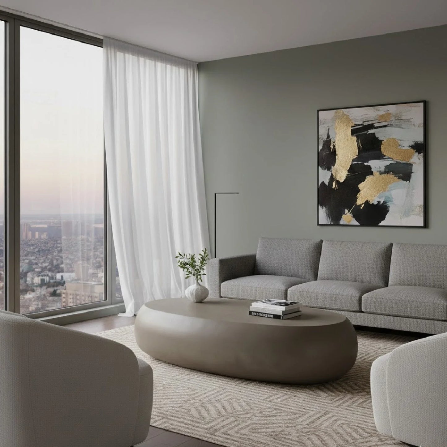 Luxury Oval Gray Concrete Coffee Table Modern Italian Style for Villa