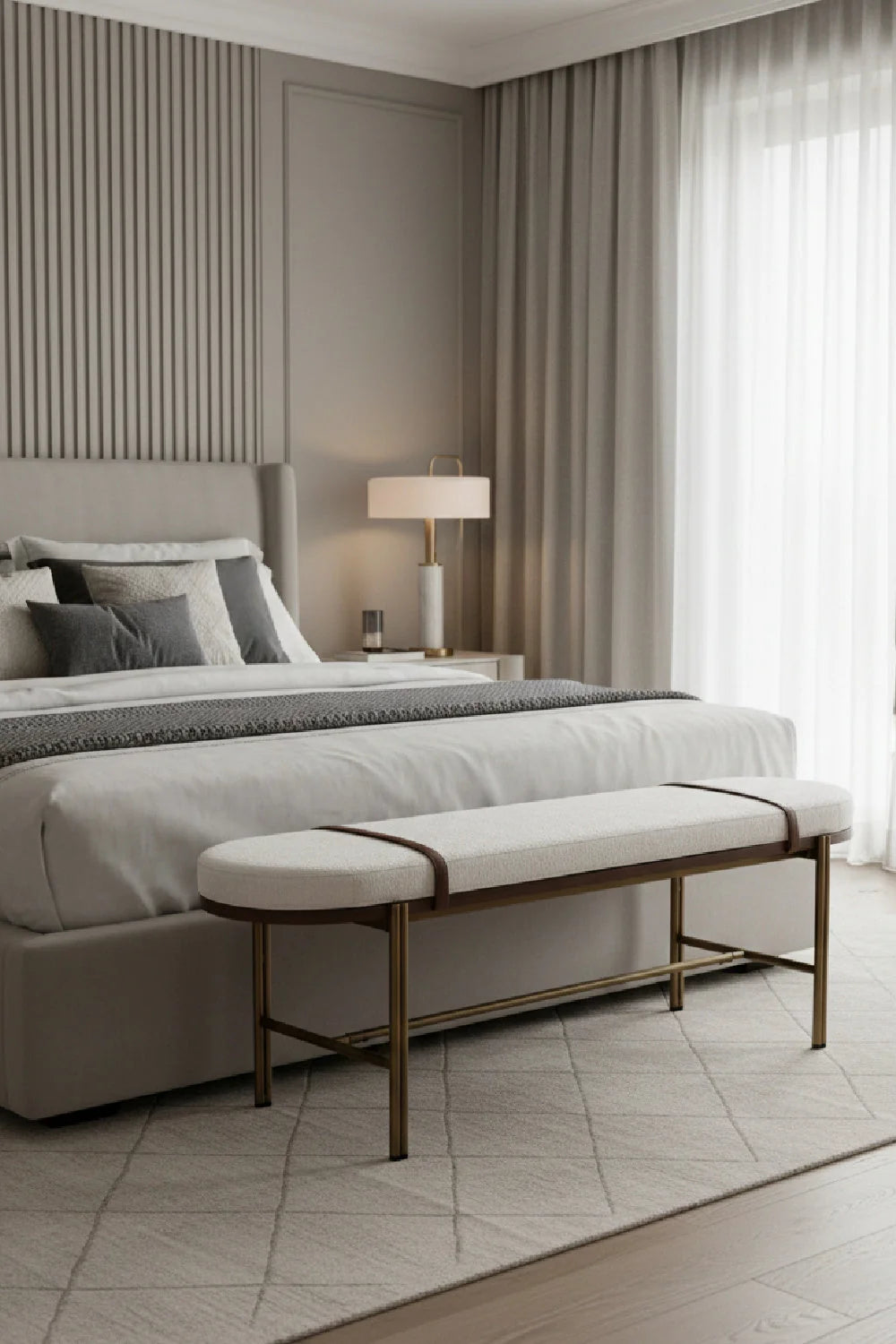 Luxury Oval White Fabric Bench European Style for Villa