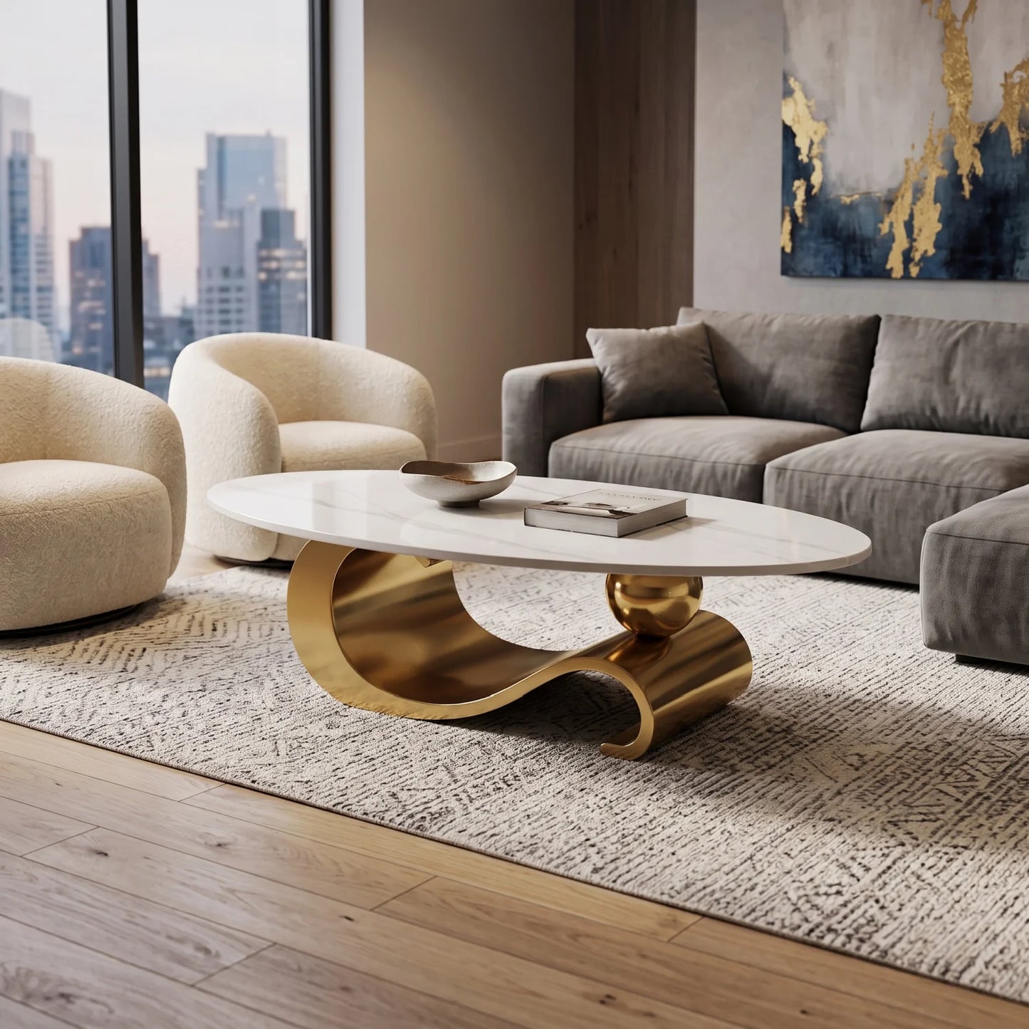 Luxury Oval White Faux Marble Coffee Table Modern Italian Style for Villa