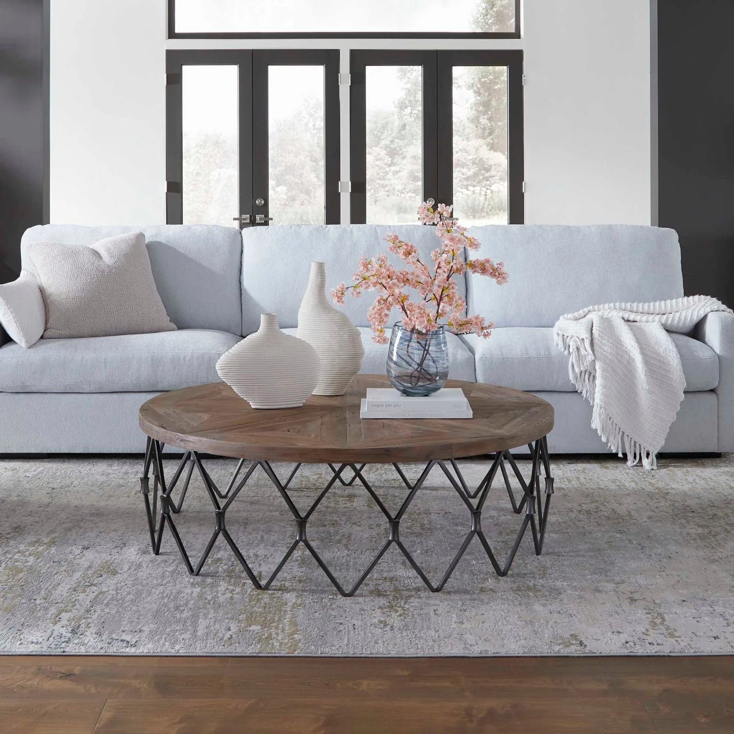 Luxury Parquet Wood Round Coffee Table Modern Italian Style for Villa