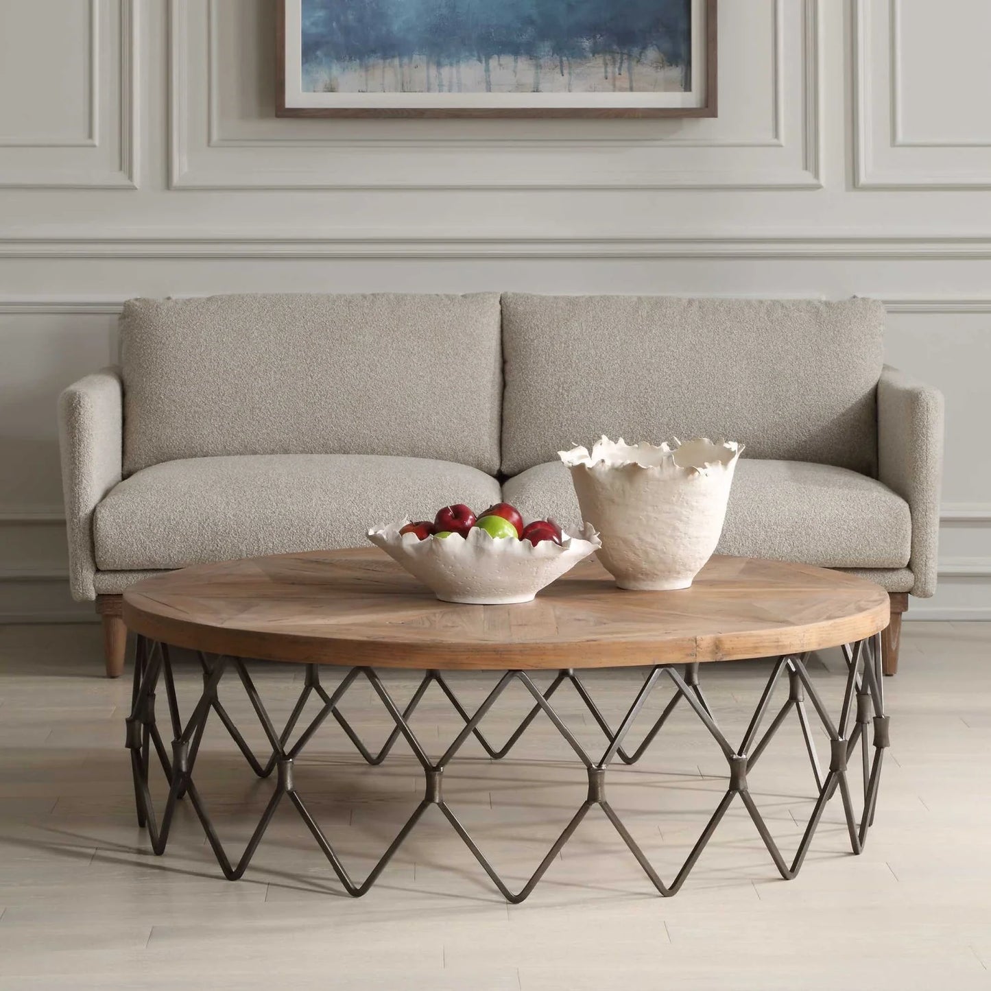 Luxury Parquet Wood Round Coffee Table Modern Italian Style for Villa