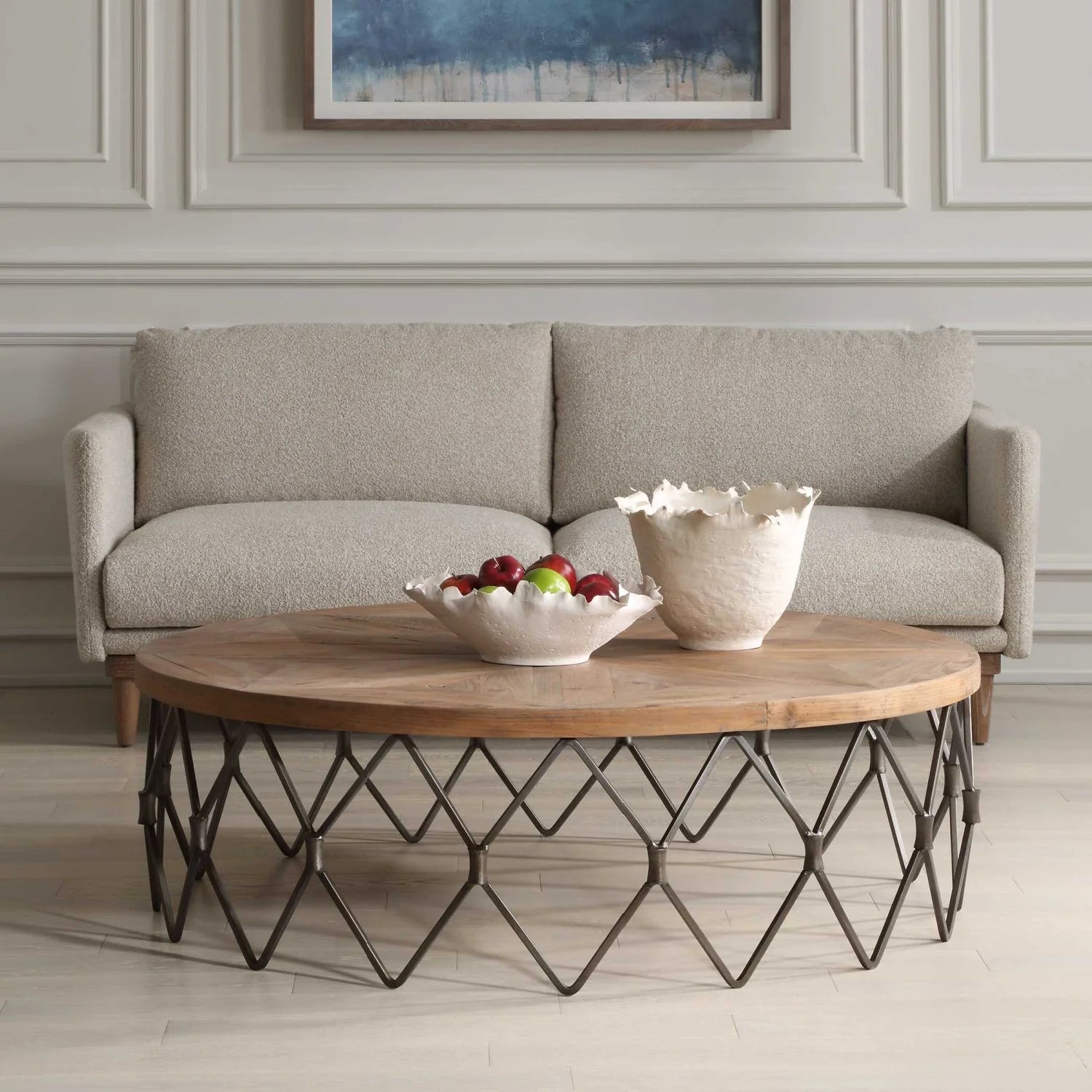 Luxury Parquet Wood Round Coffee Table Modern Italian Style for Villa