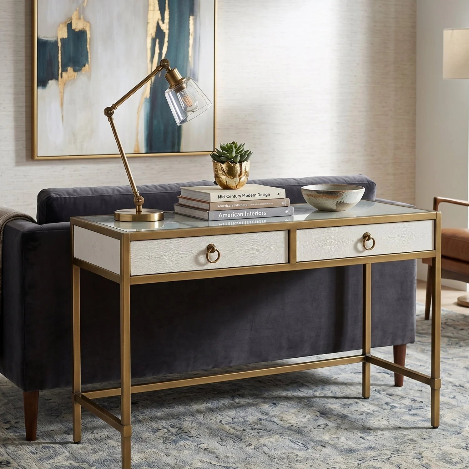 Luxury Pearl Shagreen 2-Drawer Modern Desk European Style for Villa