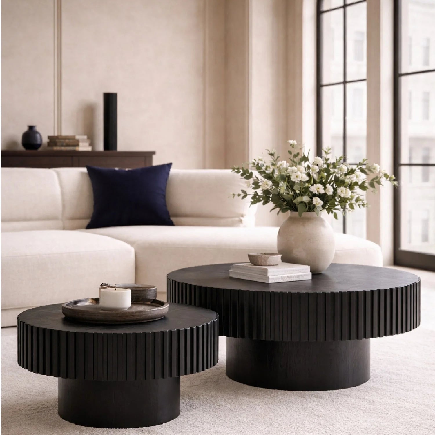 Luxury Pierre Ribbed Black Ash Round Coffee Table Modern Italian Style for Villa