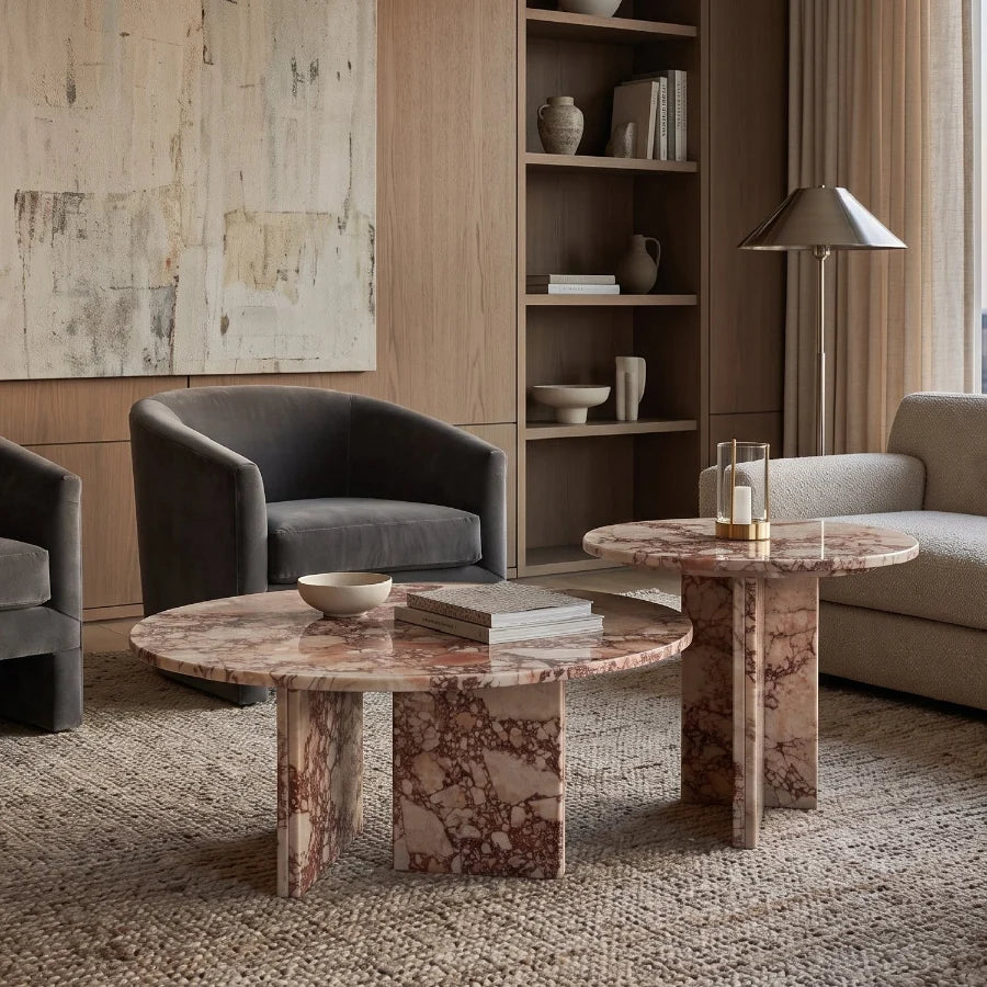 Luxury Pink Marble Round Nesting Coffee Tables Modern Italian Style for Villa