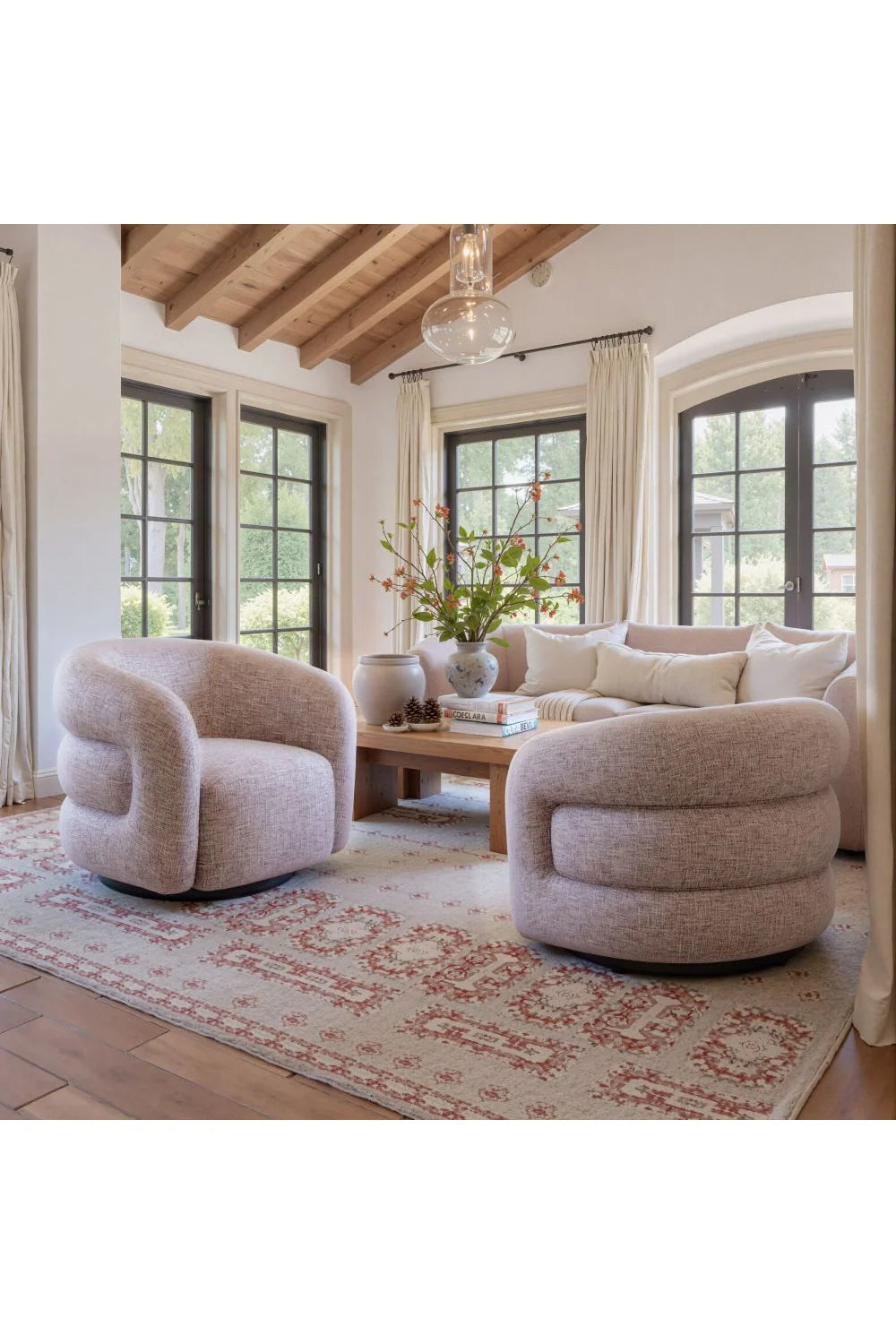 Luxury Pink Tweed Swivel Chair European Style for Villa