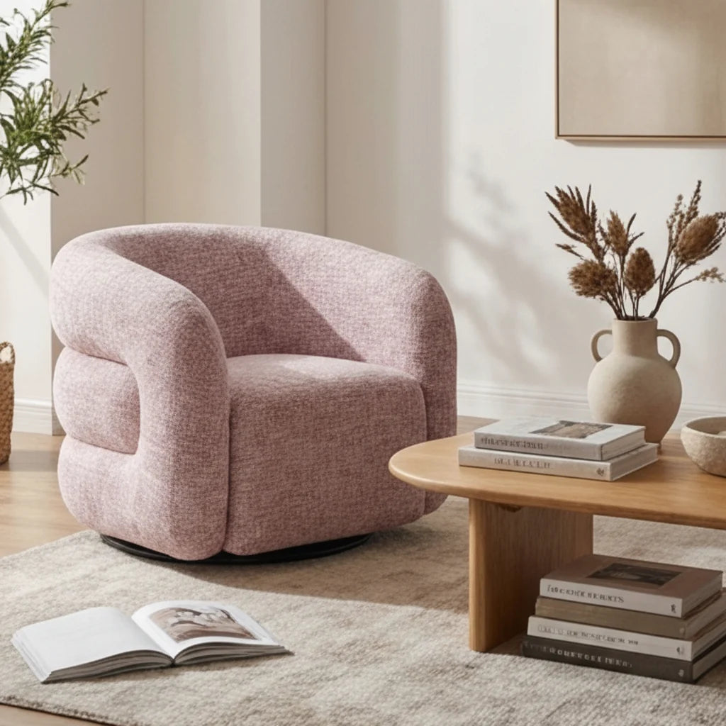 Luxury Pink Tweed Swivel Chair European Style for Villa