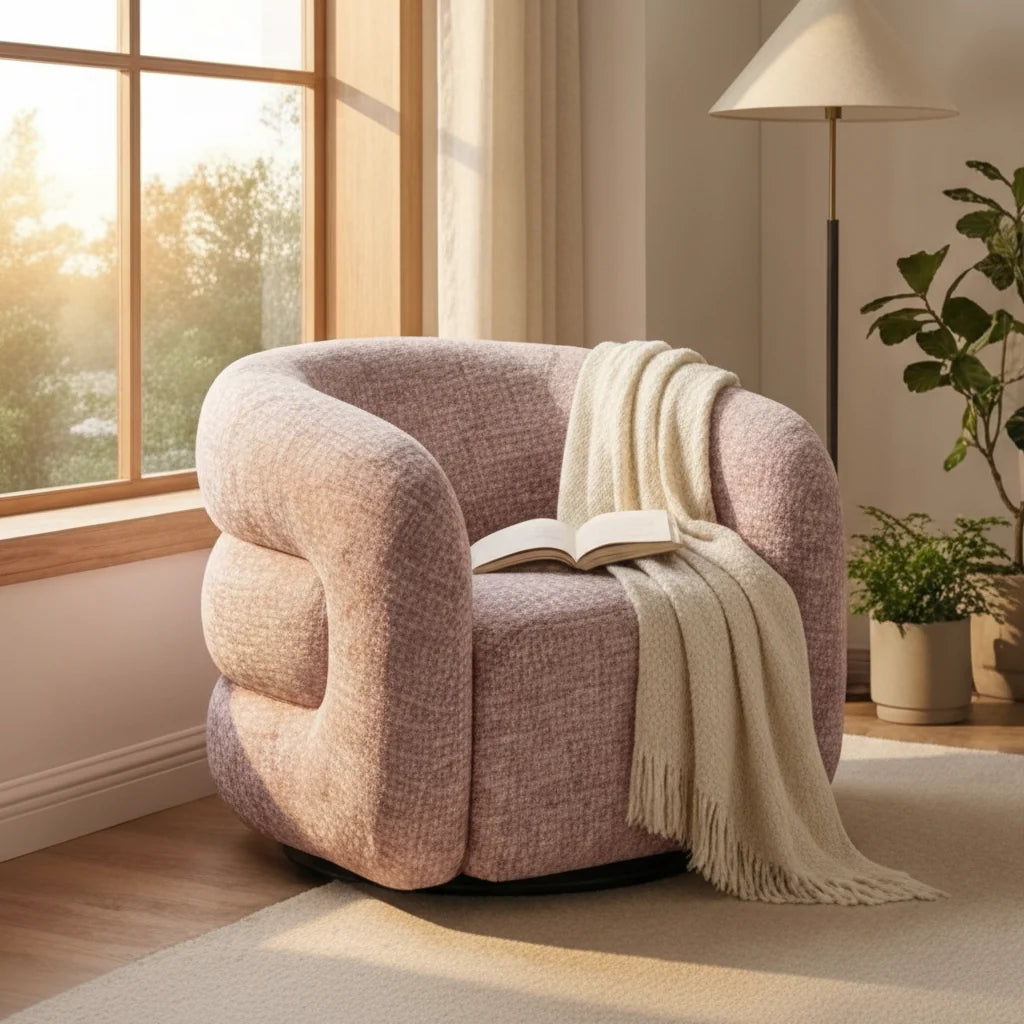 Luxury Pink Tweed Swivel Chair European Style for Villa
