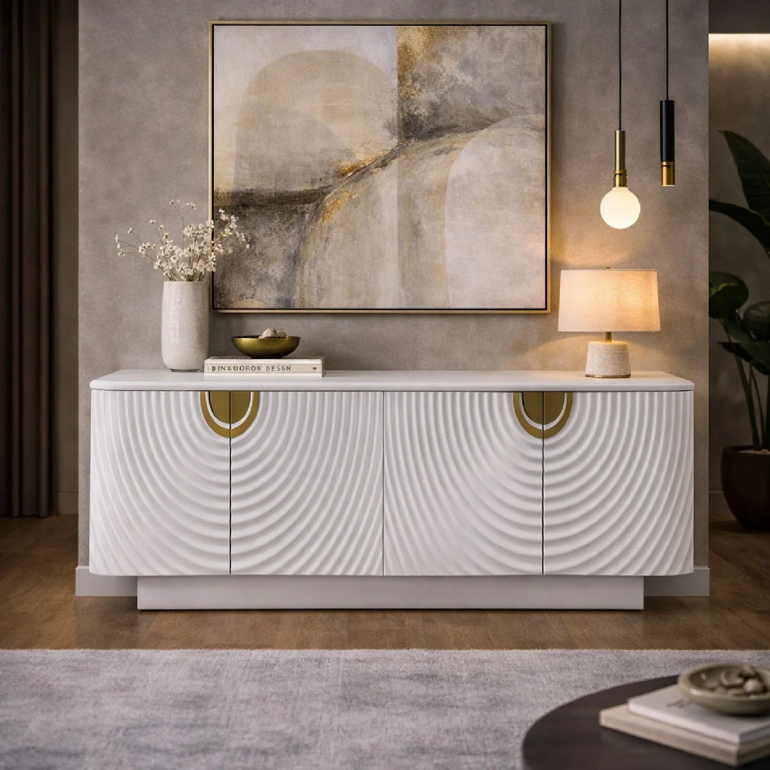 Luxury Pristine White 4-Door Sideboard European Style for Villa