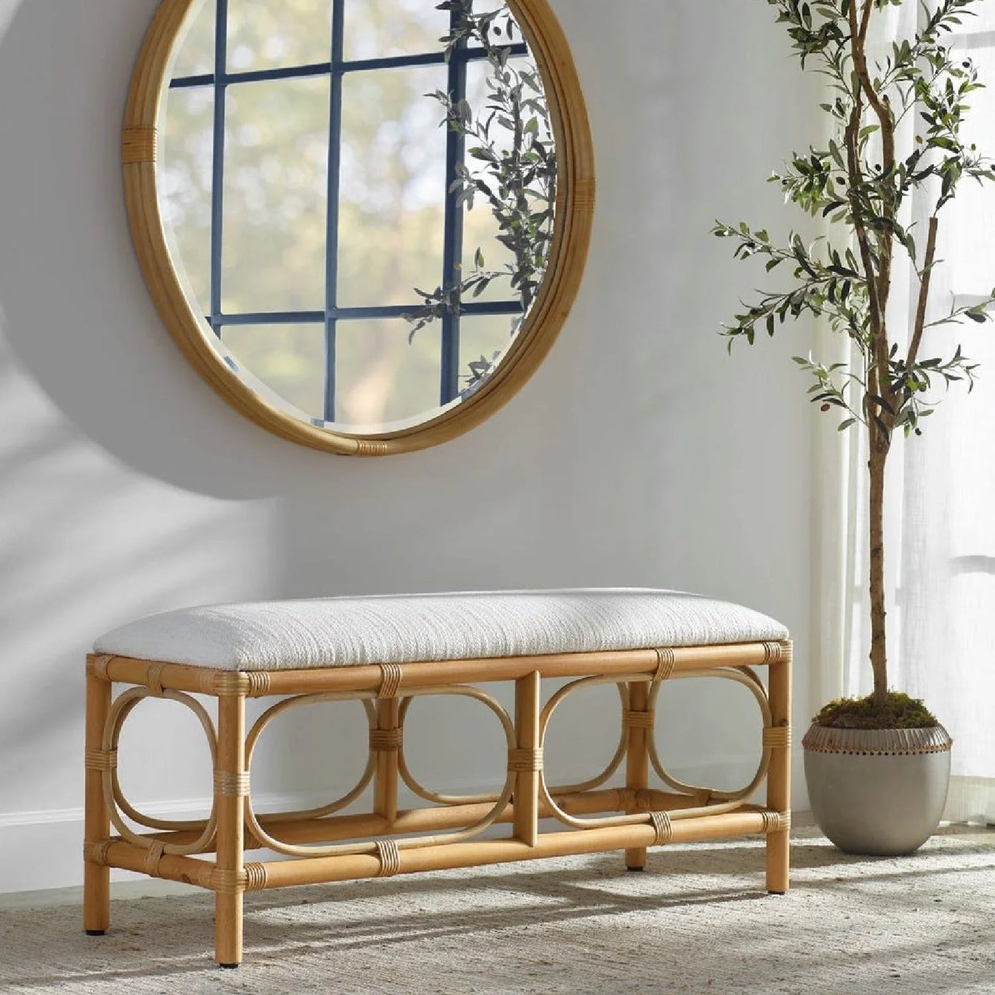 Luxury Rattan Base White Fabric Bench European Style for Villa