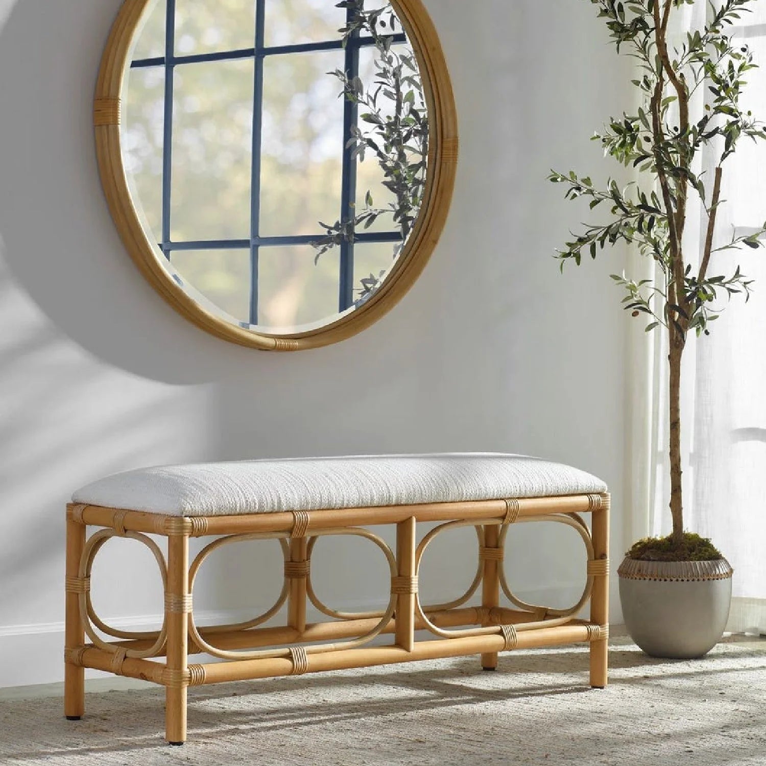 Luxury Rattan Base White Fabric Bench European Style for Villa