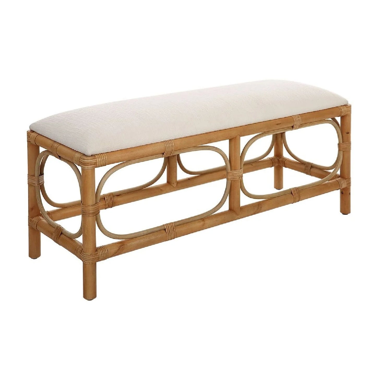 Luxury Rattan Base White Fabric Bench European Style for Villa