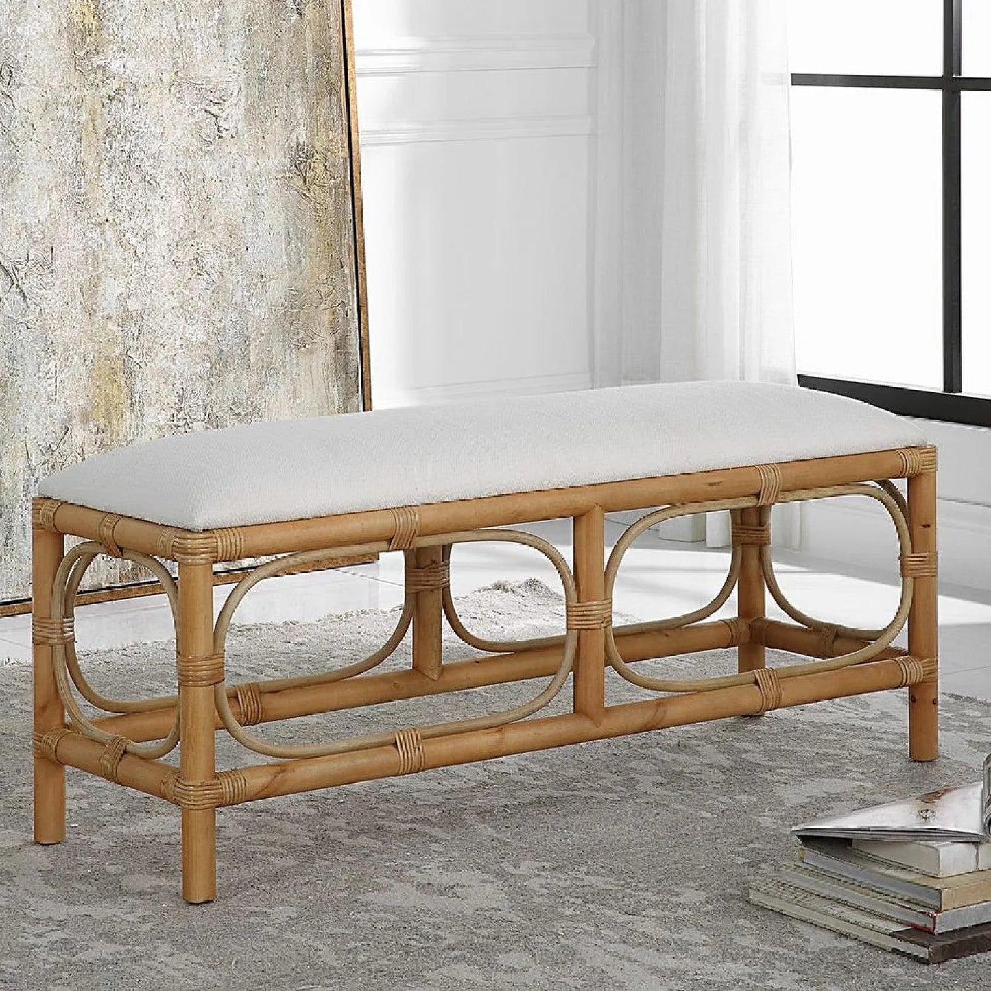 Luxury Rattan Base White Fabric Bench European Style for Villa
