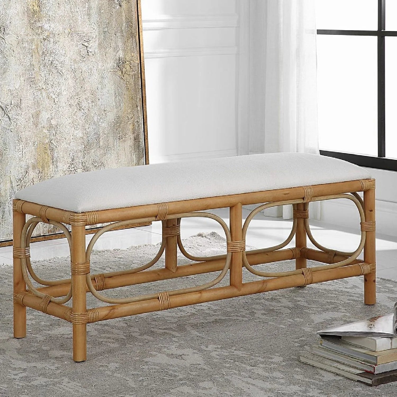 Luxury Rattan Base White Fabric Bench European Style for Villa