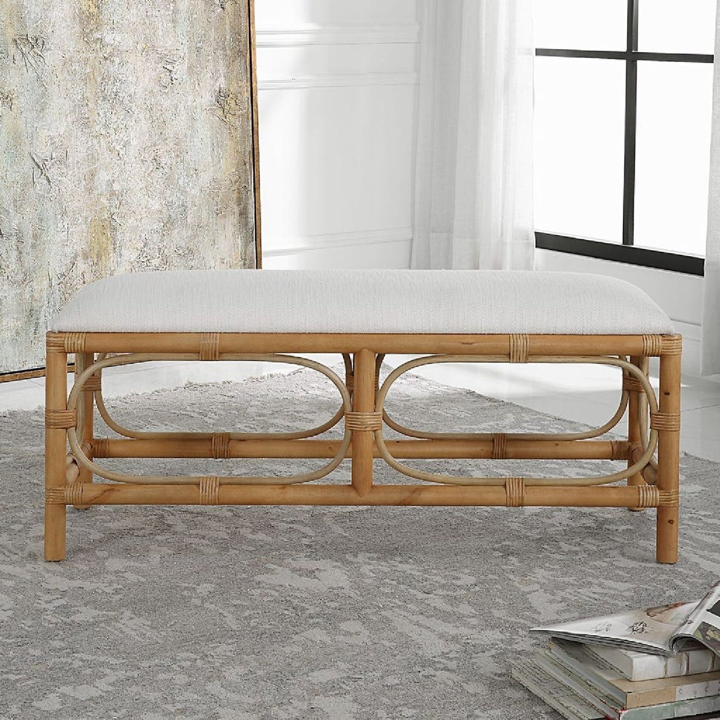 Luxury Rattan Base White Fabric Bench European Style for Villa