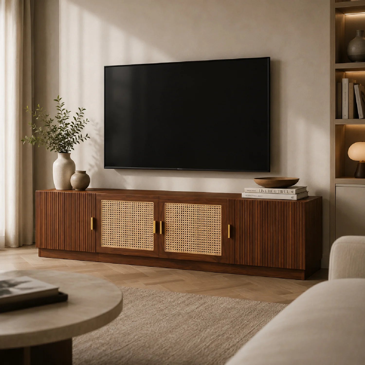 Luxury Rattan Wood TV Stand Modern Italian Style for Villa