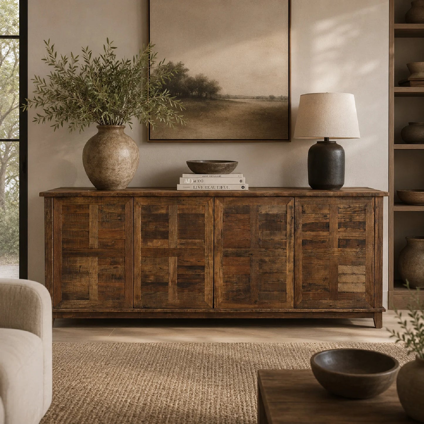Luxury Reclaimed Wood 4-Door Sideboard European Style for Villa