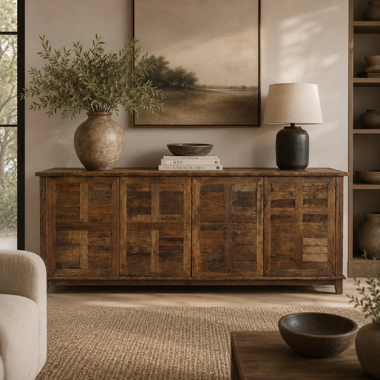 Luxury Reclaimed Wood 4-Door Sideboard European Style for Villa