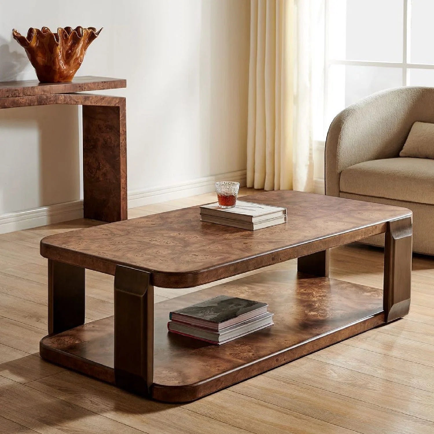 Luxury Rectangular Brown Mappa Burl Coffee Table Modern Italian Style for Villa