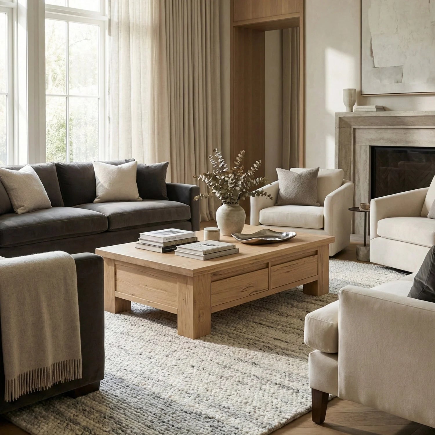 Luxury Rectangular Oak Storage Coffee Table Modern Italian Style for Villa