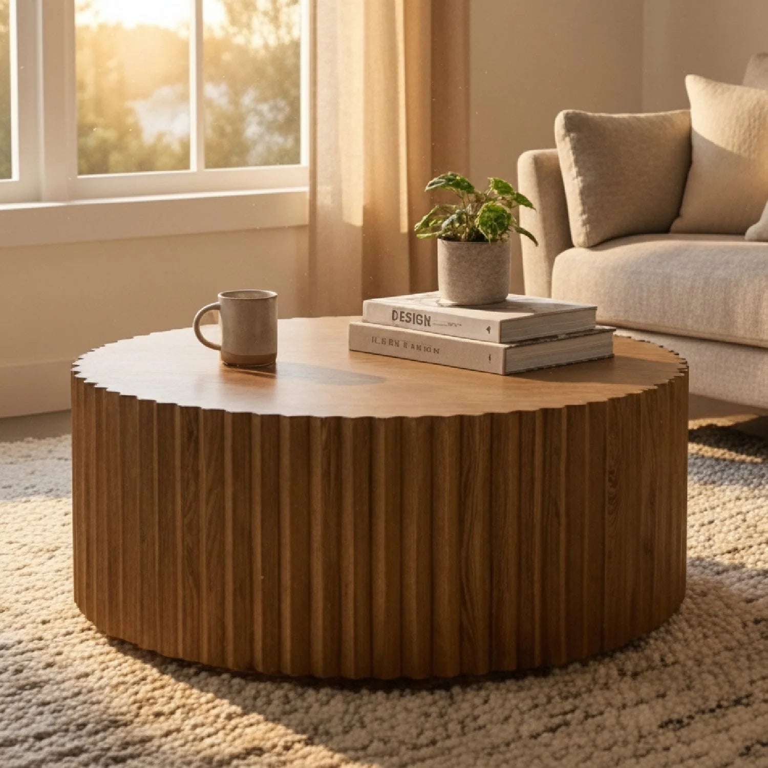 Luxury Reeded Walnut Round Coffee Table Modern Italian Style for Villa