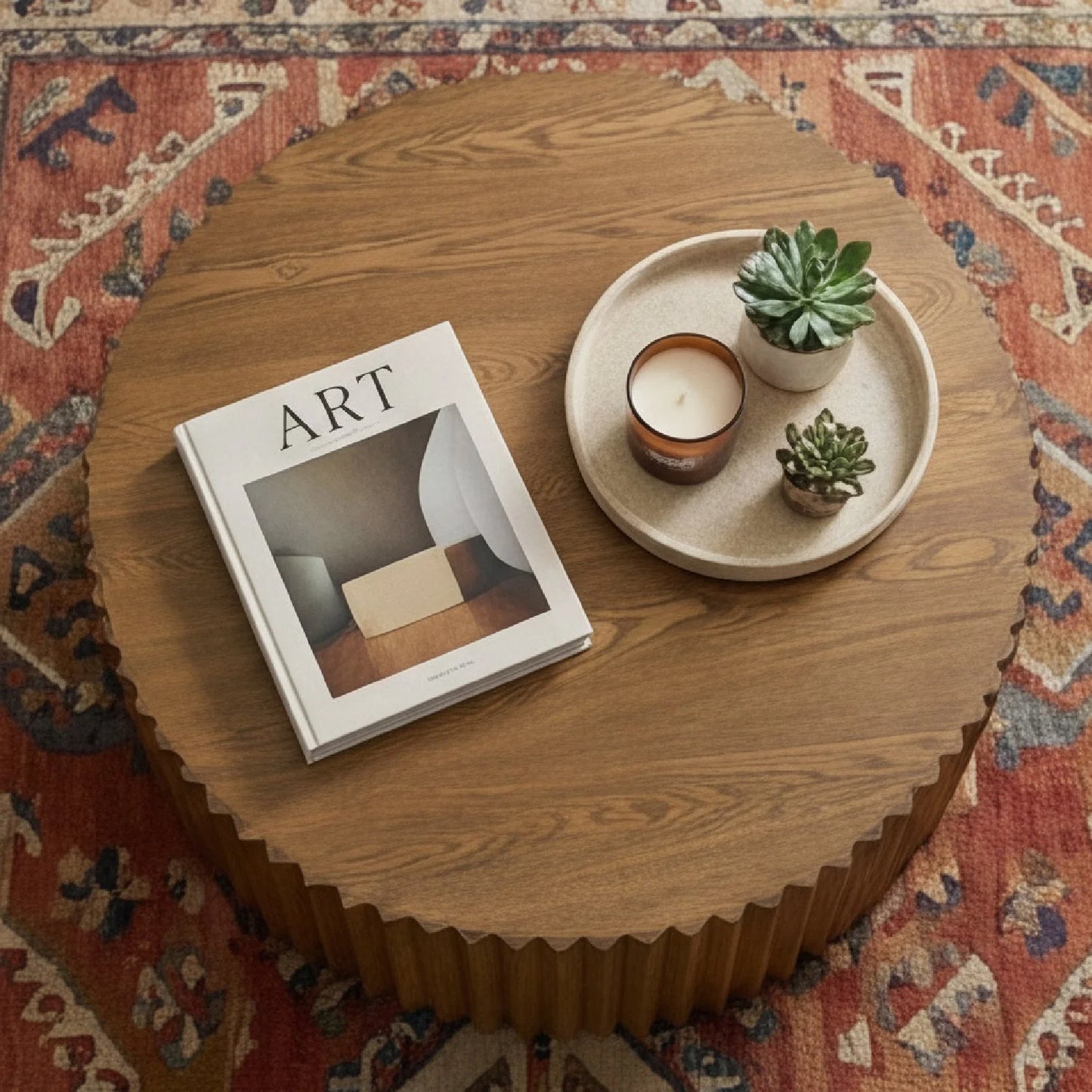 Luxury Reeded Walnut Round Coffee Table Modern Italian Style for Villa
