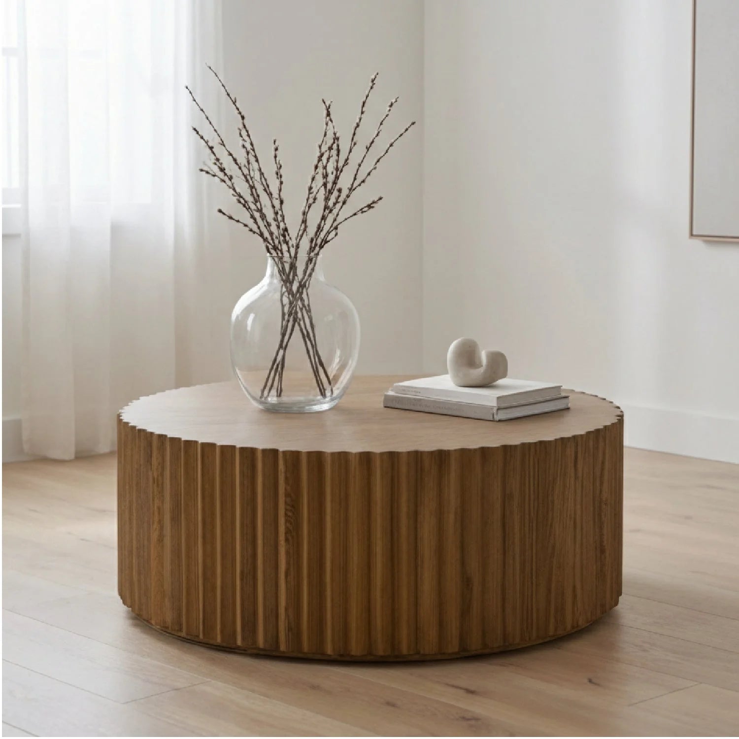 Luxury Reeded Walnut Round Coffee Table Modern Italian Style for Villa