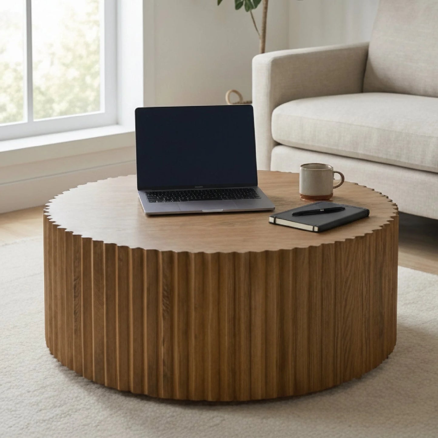 Luxury Reeded Walnut Round Coffee Table Modern Italian Style for Villa