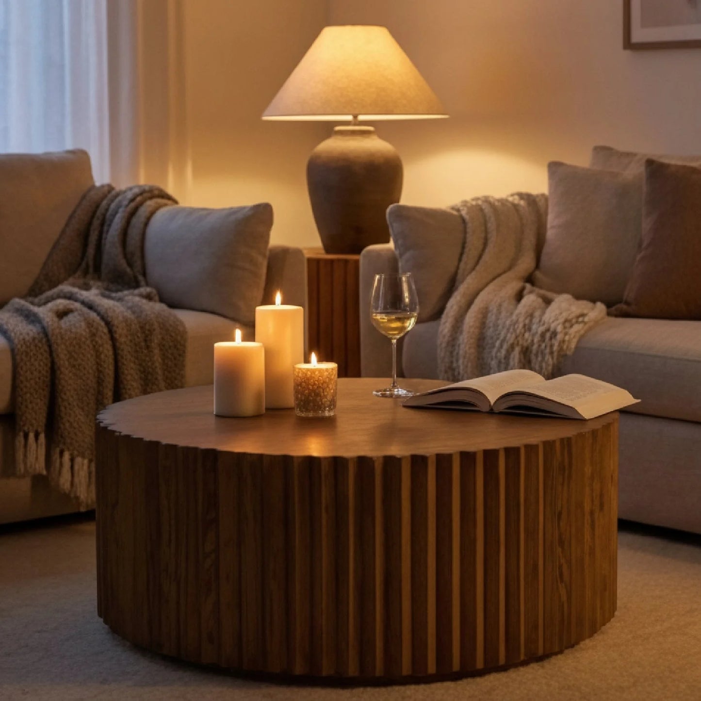 Luxury Reeded Walnut Round Coffee Table Modern Italian Style for Villa