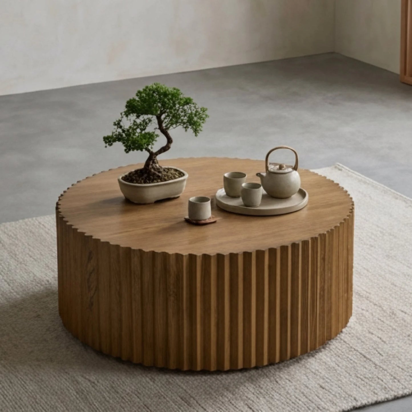 Luxury Reeded Walnut Round Coffee Table Modern Italian Style for Villa