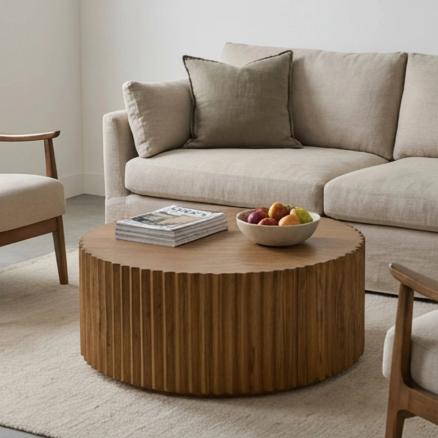 Luxury Reeded Walnut Round Coffee Table Modern Italian Style for Villa