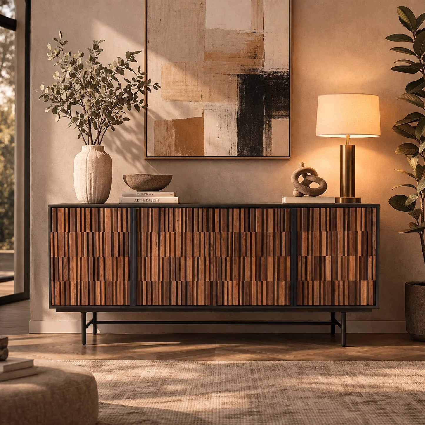 Luxury Reeded Wood 4-Door Sideboard European Style for Villa