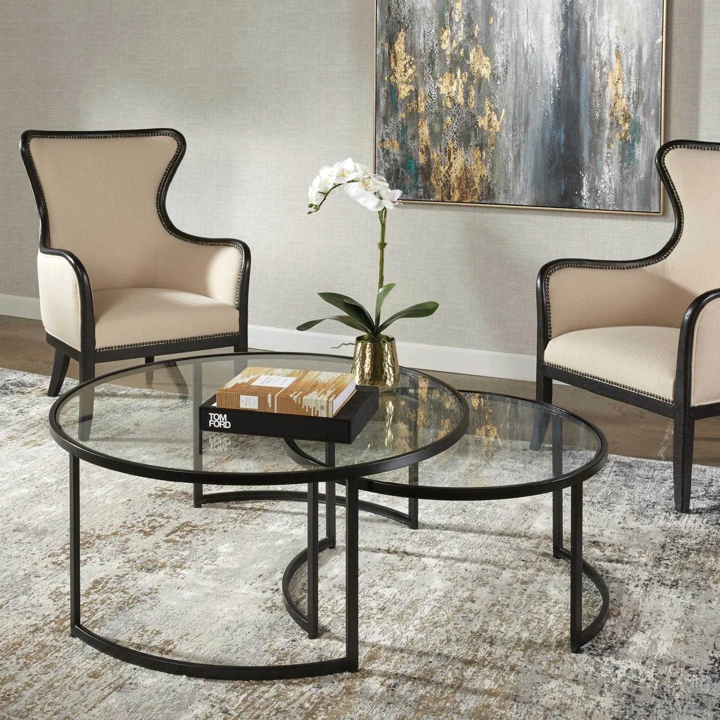 Luxury Rhea Black Glass Round Nesting Coffee Table Modern Italian Style for Villa