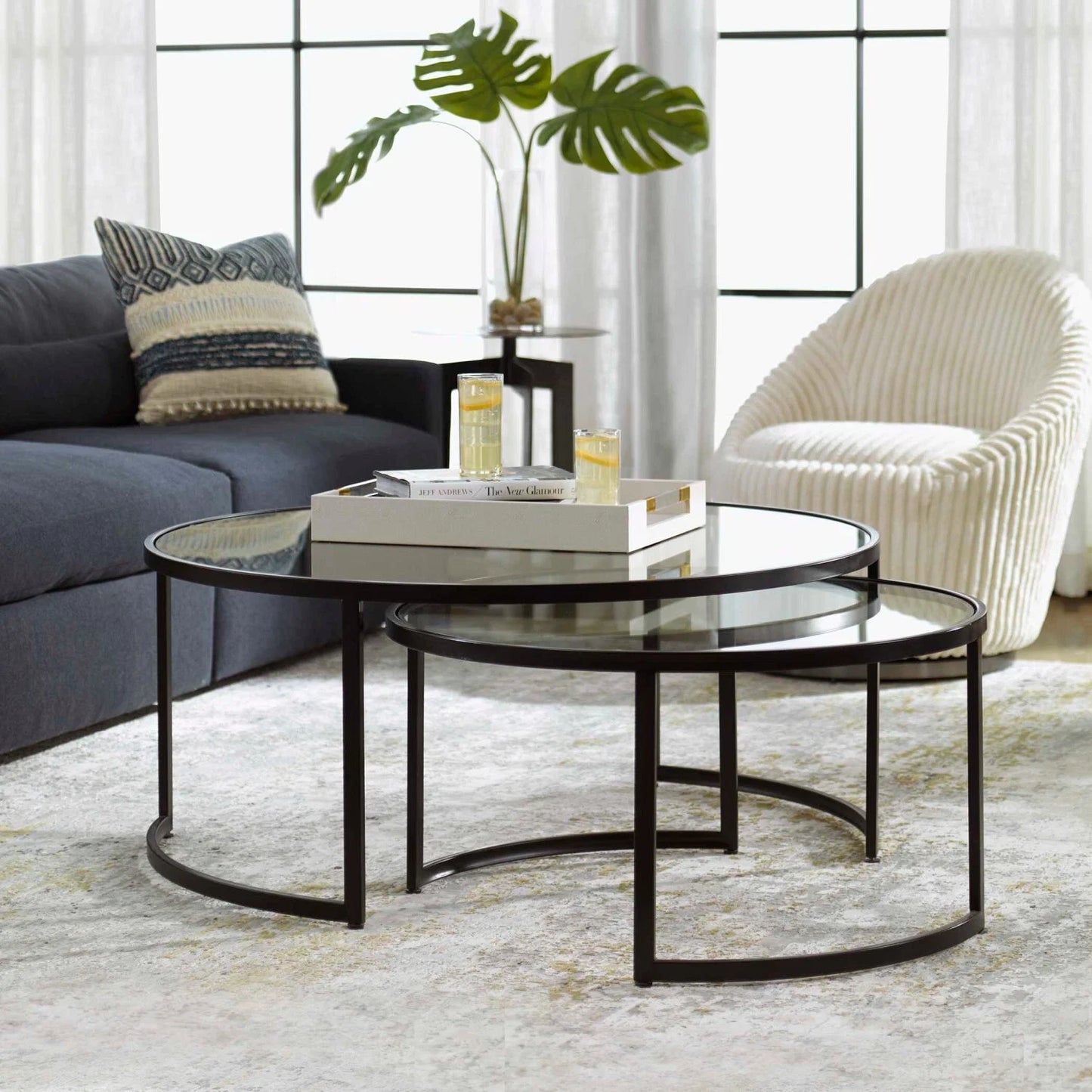 Luxury Rhea Black Glass Round Nesting Coffee Table Modern Italian Style for Villa