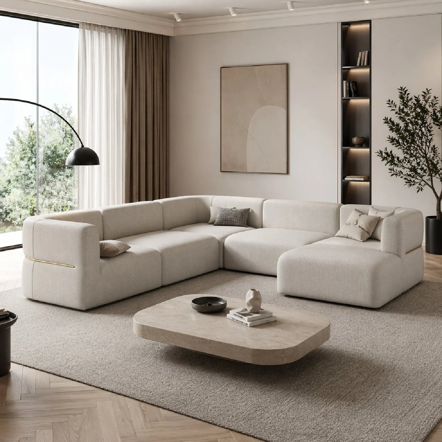 Luxury Rhythm White Ribbed Linen Sectional Sofa Modern Italian Style for Villa