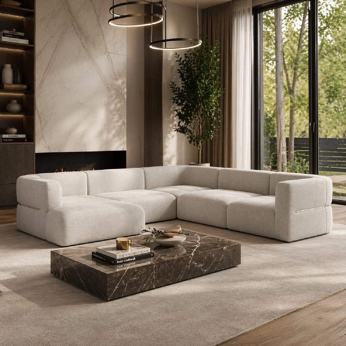 Luxury Rhythm White Ribbed Linen Sectional Sofa Modern Italian Style for Villa