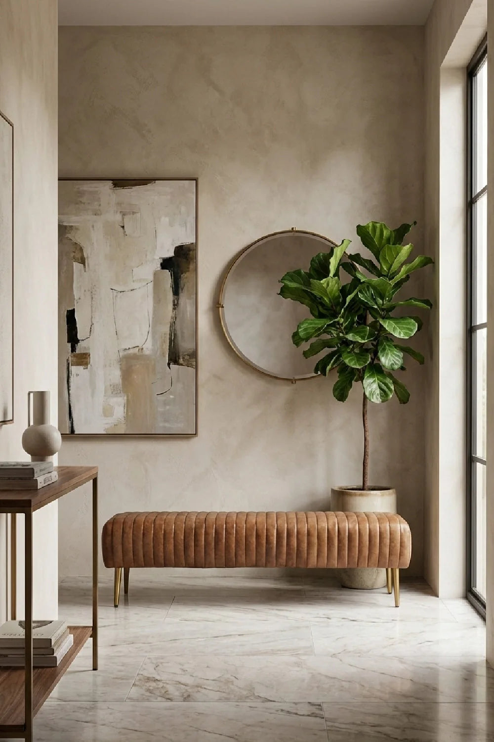 Luxury Ribbed Brown Leather Bench European Style for Villa