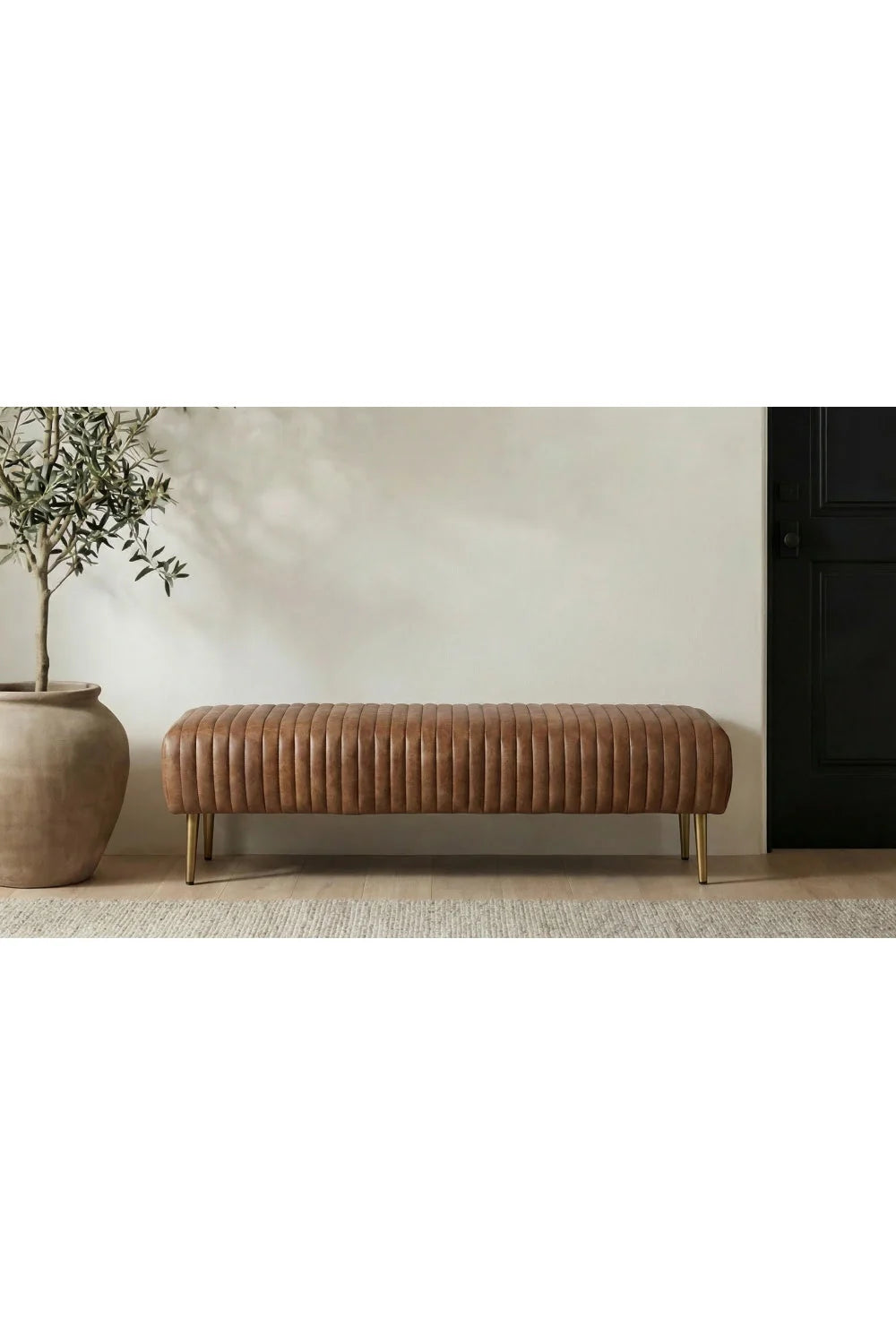 Luxury Ribbed Brown Leather Bench European Style for Villa