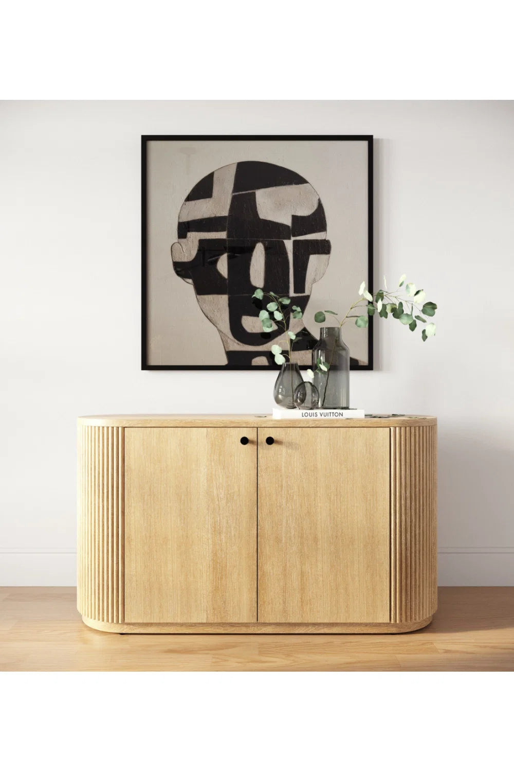 Luxury Ribbed Natural Acacia 2-Door Sideboard European Style for Villa