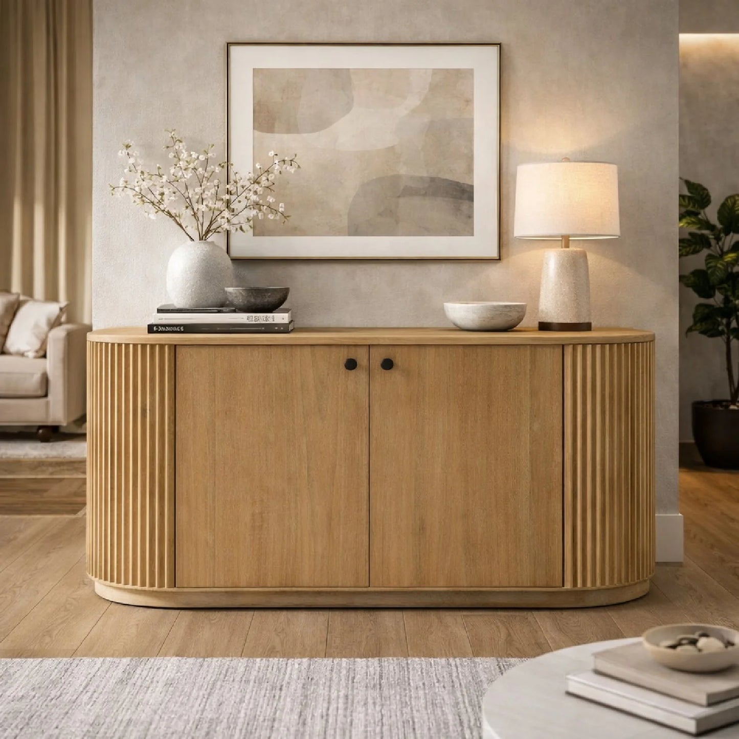 Luxury Ribbed Natural Acacia 2-Door Sideboard European Style for Villa